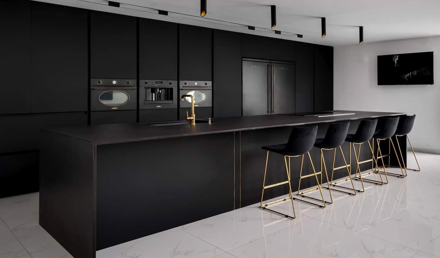 Black luxury kitchen with long island bar