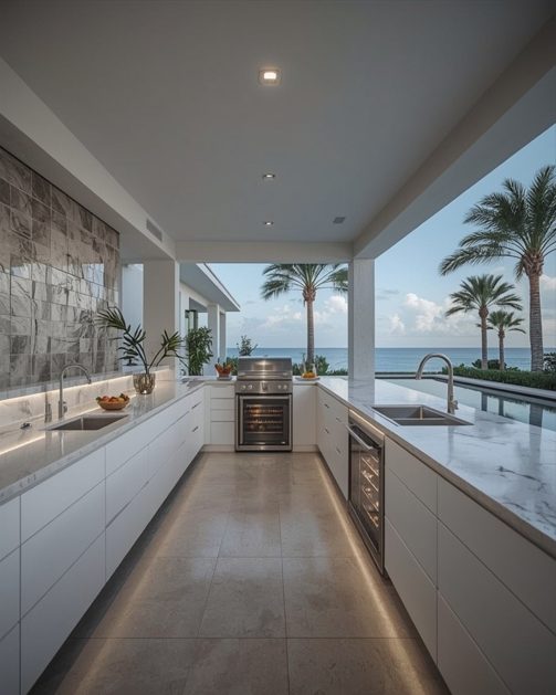 Covered outdoor kitchen terrace with palm views