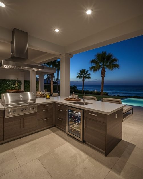 Outdoor grill station at sunset on a Florida terrace