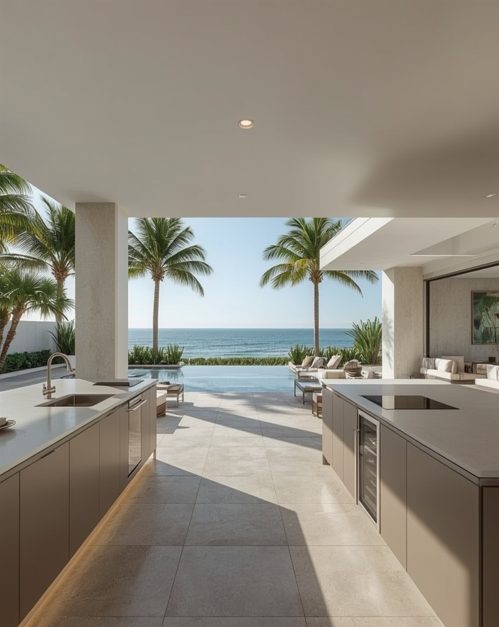 Outdoor kitchen island beside the pool terrace