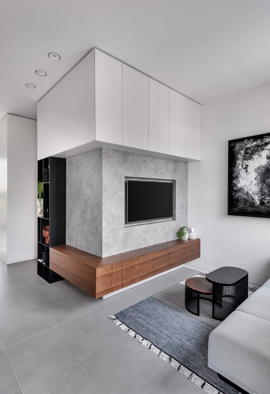 Renovated living room with a linear fireplace
